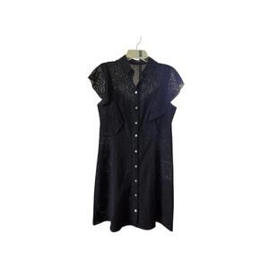 Theory Black Eyelet Button Front Shirt Dress Size 10 Flutter Sleeve‎